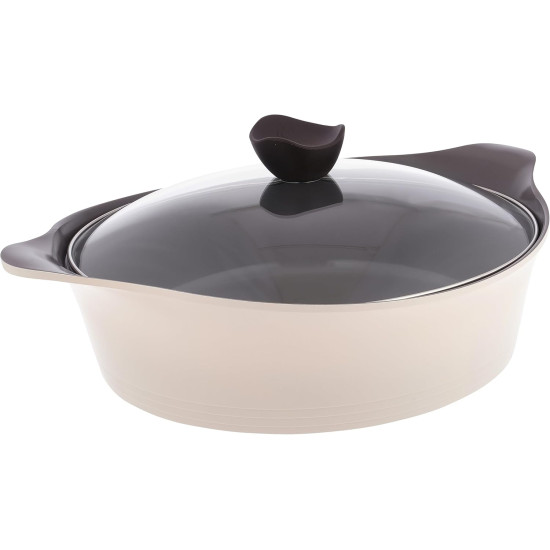 قدر منخفض نيوفلام أيني سيراميك بغطاء زجاجي، مقاس 30 سم، بيج