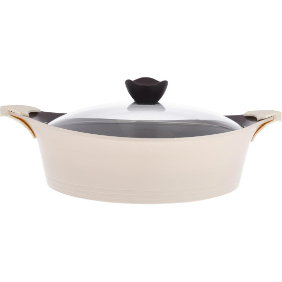 قدر منخفض نيوفلام أيني سيراميك بغطاء زجاجي، مقاس 30 سم، بيج