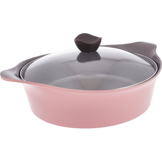 قدر منخفض نيوفلام أيني سيراميك بغطاء زجاجي، مقاس 32 سم، وردي