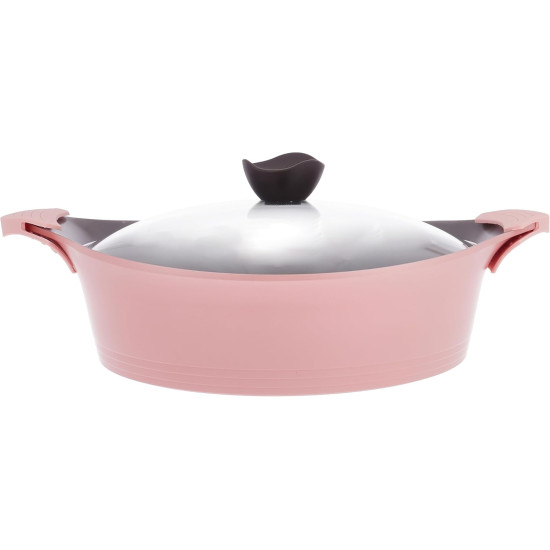 قدر منخفض نيوفلام أيني سيراميك بغطاء زجاجي، مقاس 32 سم، وردي