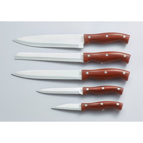 6  قطعة بقاعدة خشب طقم سكاكين بني