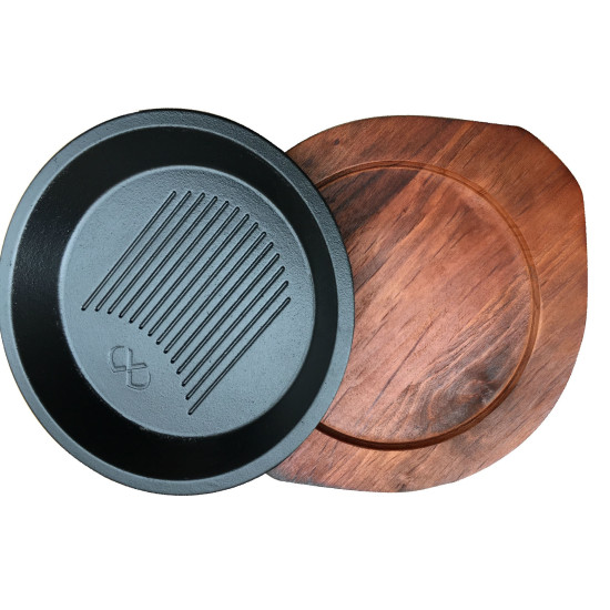 طبق شواء لحوم دائري من الحديد الزهر مع قاعدة خشبية 24سم