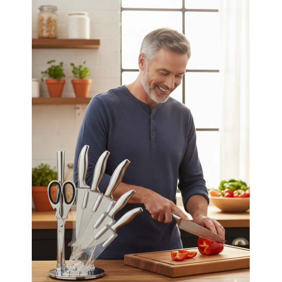 7-Piece Stainless Steel Kitchen Knife Set with Rotating Holder