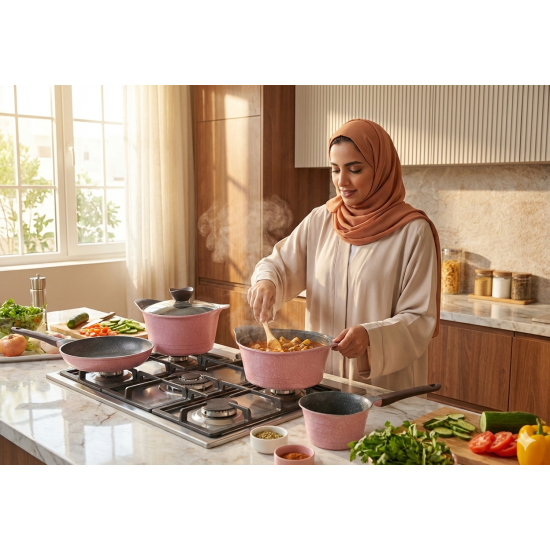 طقم تيلي من نيوفلام لون وردي 7 قطع