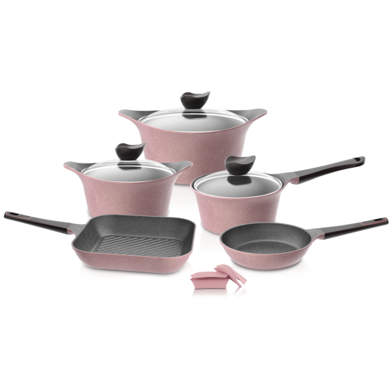 Granite pots and pans set, 8 pieces, pink