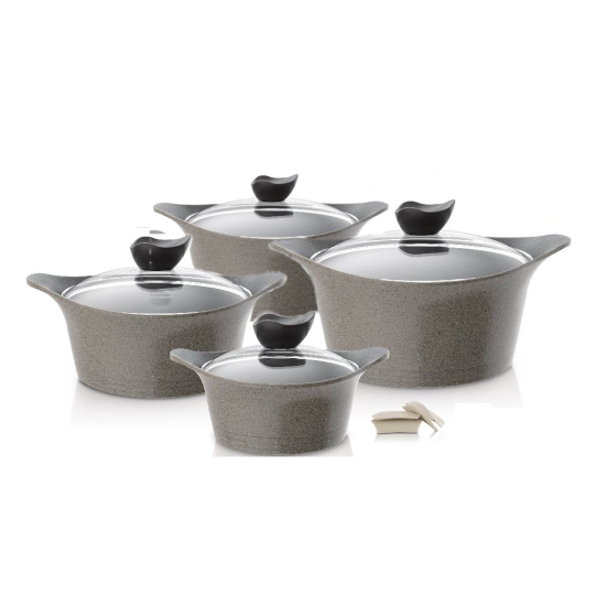 Granite pots and pans set, 8 pieces, beige