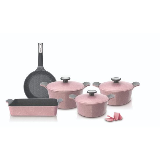 Korean pots set, 8 pieces, granite extrema pink