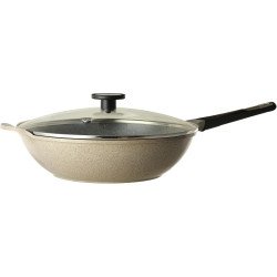 مقلاة نيوفلام جرانيت بغطاء زجاجي، بيج، 34 سم