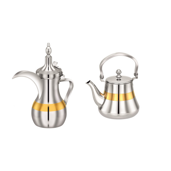 Indian steel teapot and dallah , gold line, set small