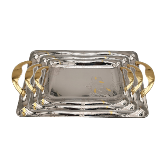 Set of 3-piece trays with distinctive stainless steel patterns with a golden handle