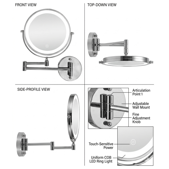 مراية دائرية حائط ذات وجهين مع ليد - مرآة عادية + مرآة مكبرة 20 سم
