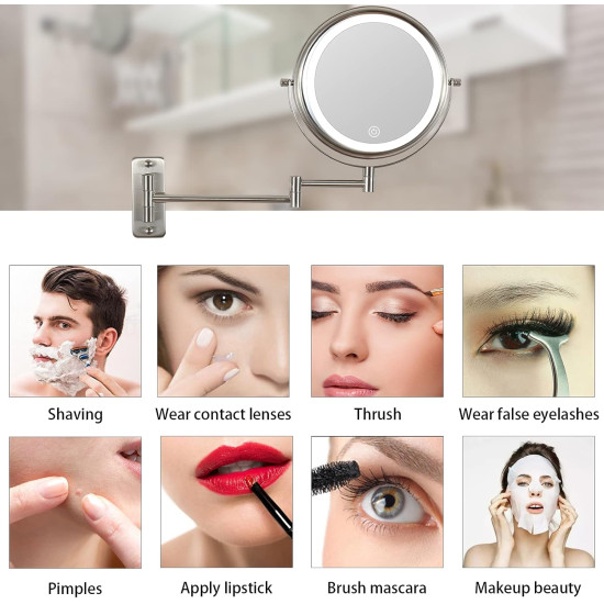 مراية دائرية حائط ذات وجهين مع ليد - مرآة عادية + مرآة مكبرة 20 سم