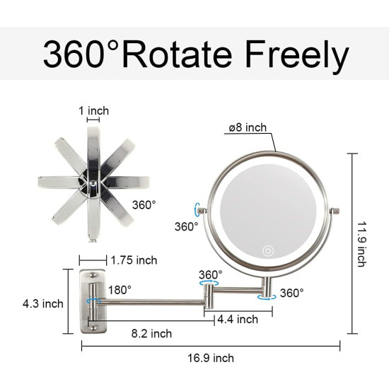 مراية دائرية حائط ذات وجهين مع ليد - مرآة عادية + مرآة مكبرة 20 سم
