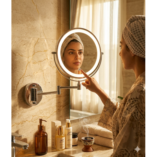 مراية دائرية حائط ذات وجهين مع ليد - مرآة عادية + مرآة مكبرة 20 سم