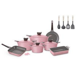 Eni Granite 15-Piece Pink Cookware Set