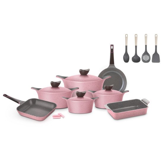 Eni Granite 15-Piece Pink Cookware Set