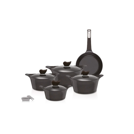 Eni Granite Cookware Set with Glass Cover, 9 Pieces, Black