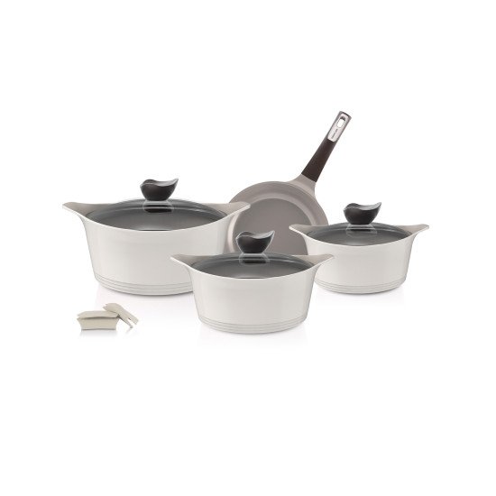 طقم آيني 7 قطع بطبقة من السيراميك لون بيج كريمي غطاء زجاج