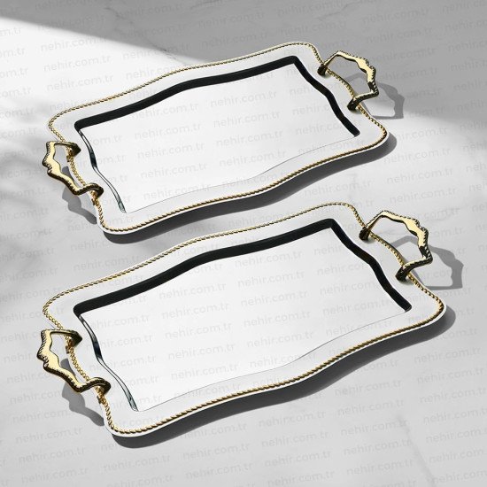 طقم صواني من الأستانلس ستيل مكون من قطعتين بمقبض ذهبي