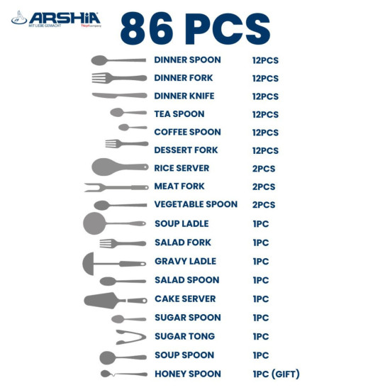 Arshia 86 Piece Silver Cutlery Set Arshia 86 Piece Silver Cutlery Set