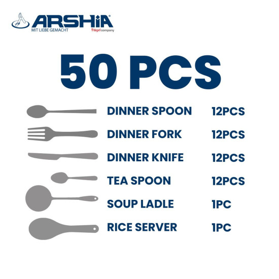 Arshia 50 Piece Matte Silver Stainless Steel Flatware Set Arshia 50 Piece Matte Silver Stainless Steel Flatware Set