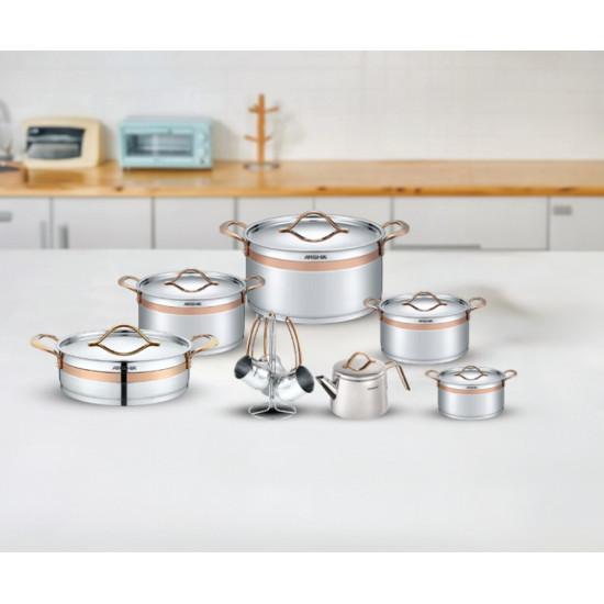 طقم أواني طهي من الاستيل من أرشيا مكون من 16 قطعة باللون الذهبي الوردي