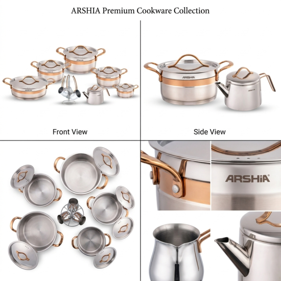 طقم أواني طهي ستانلس ستيل من أرشيا 16 قطعة بنقشة ذهبي