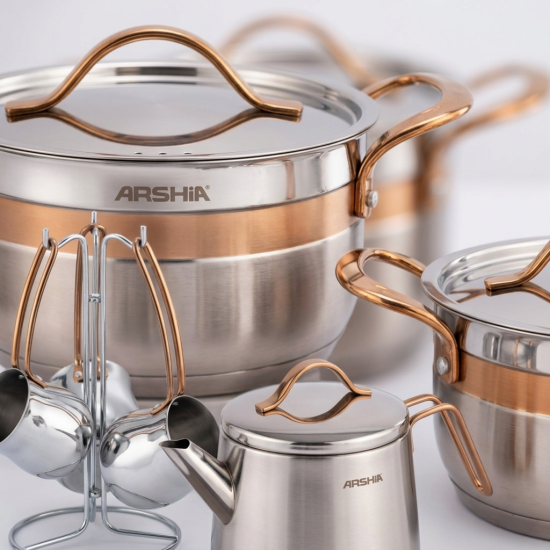 طقم أواني طهي ستانلس ستيل من أرشيا 16 قطعة بنقشة ذهبي