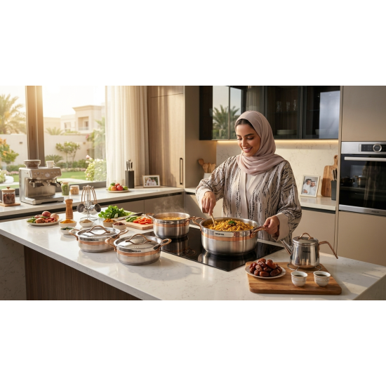 طقم أواني طهي ستانلس ستيل من أرشيا 16 قطعة بنقشة ذهبي