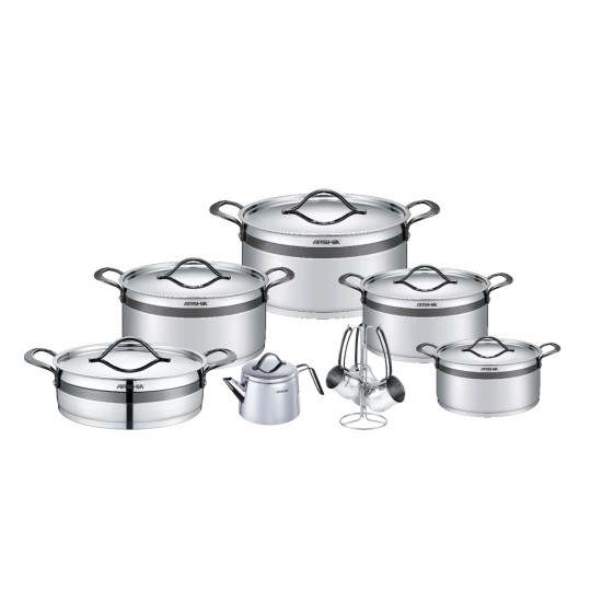 طقم أواني طهي استانلس ستيل من أرشيا 16 قطعة بنقشة رمادي