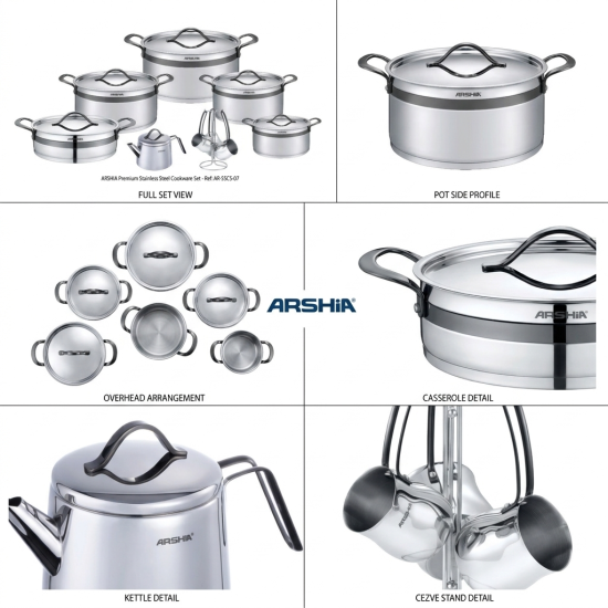 طقم أواني طهي استانلس ستيل من أرشيا 16 قطعة بنقشة رمادي