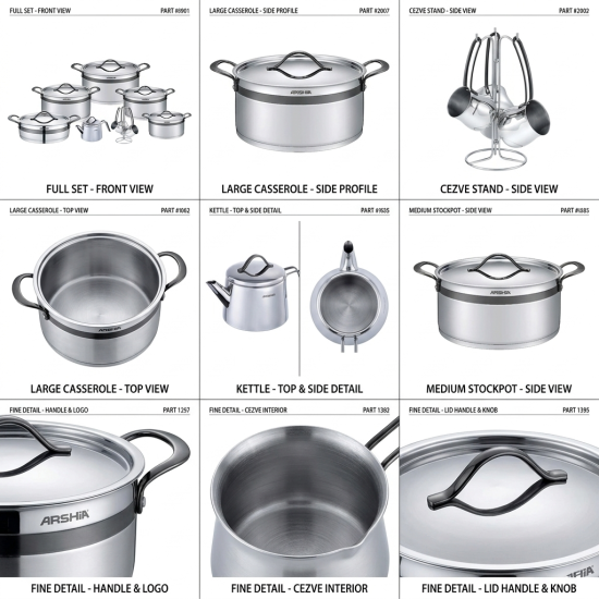 طقم أواني طهي استانلس ستيل من أرشيا 16 قطعة بنقشة رمادي