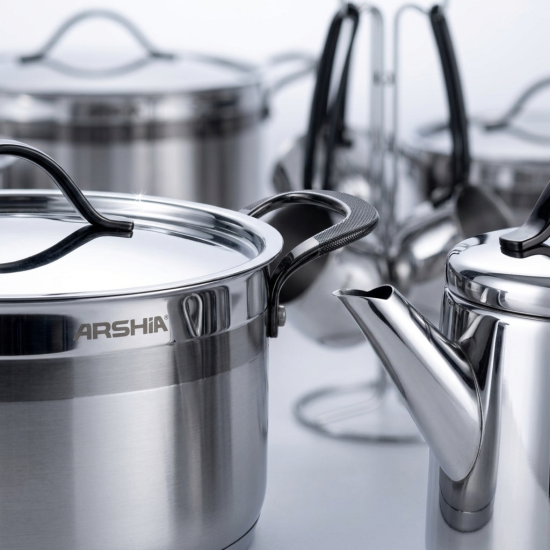 طقم أواني طهي استانلس ستيل من أرشيا 16 قطعة بنقشة رمادي