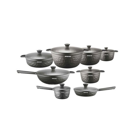 طقم أواني طهي أرشيا دايموند ألماني مصبوب بالقالب 16 قطعة أسود