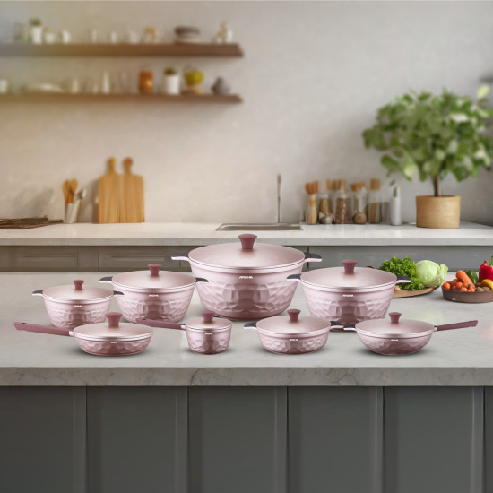 طقم أواني طهي أرشيا دايموند المصبوب 16 قطعة وردي