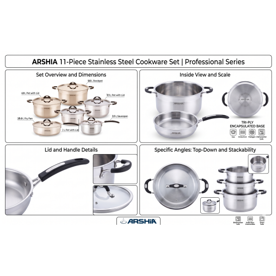 طقم أواني ستانلس ستيل مع غطائين من أرشيا 12 قطعة