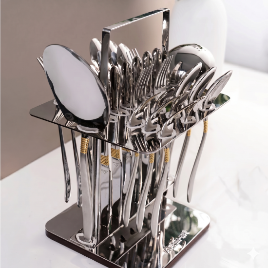Arshia Gold and Silver Cutlery Set, 26 Pieces, with Stand