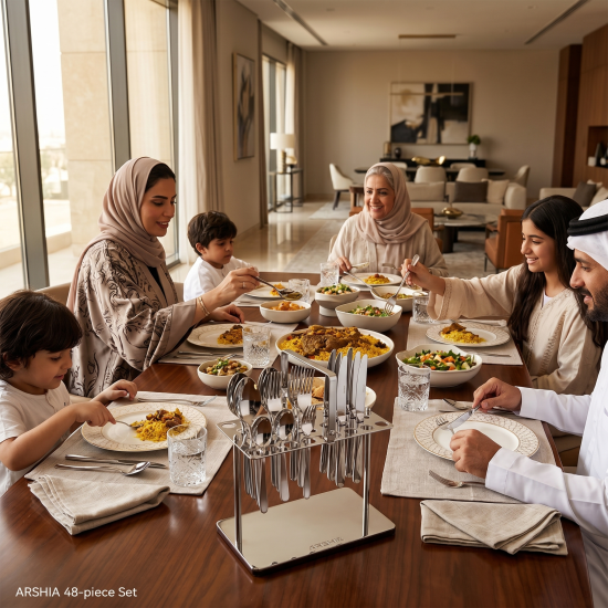 طقم أدوات مائدة أرشيا الفضي، 48 قطعة، مع حامل