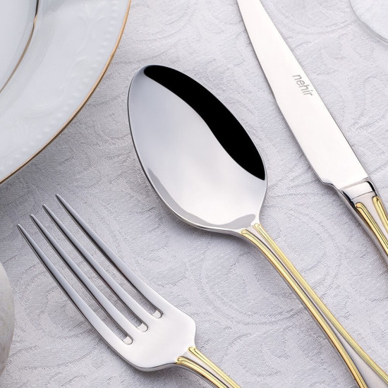 طقم أدوات المائدة مكون من 89 قطعة ذهبي مع صندوق خشبي فاخر