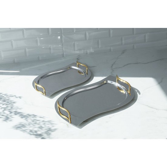 طقم صواني لاليزار فضي  بمقابض ذهبية مكون من قطعتين