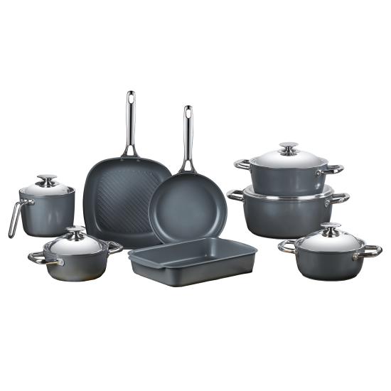 طقم أواني طهي سيراميك صافلون 13 قطع رمادي غامق