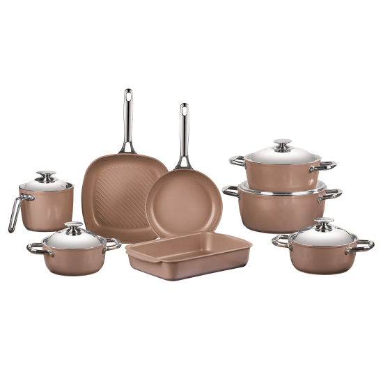 طقم أواني طهي سيراميك صافلون 13 قطع وردي