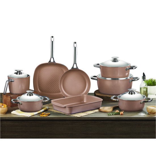 طقم أواني طهي سيراميك صافلون 13 قطع وردي