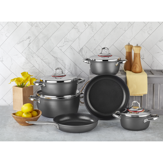 طقم قدور تركي صافلون تيتانيوم مكونة من 10 قطعه رمادي