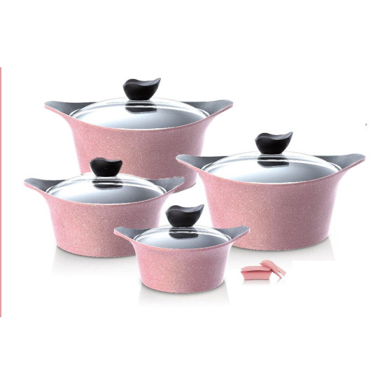 Eni Granite Cookware Set with Glass Cover, 8 Pieces, Pink