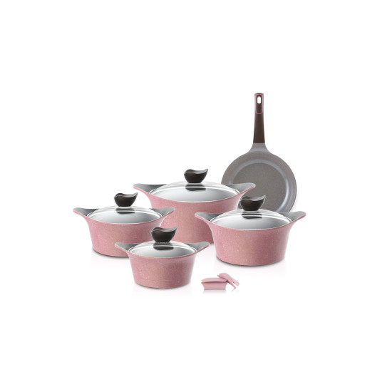Eni Granite Cookware Set with Glass Cover, 9 Pieces, Pink