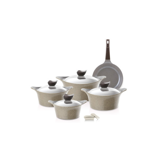 Eni Granite Cookware Set with Glass Cover, 9 Pieces, Beige